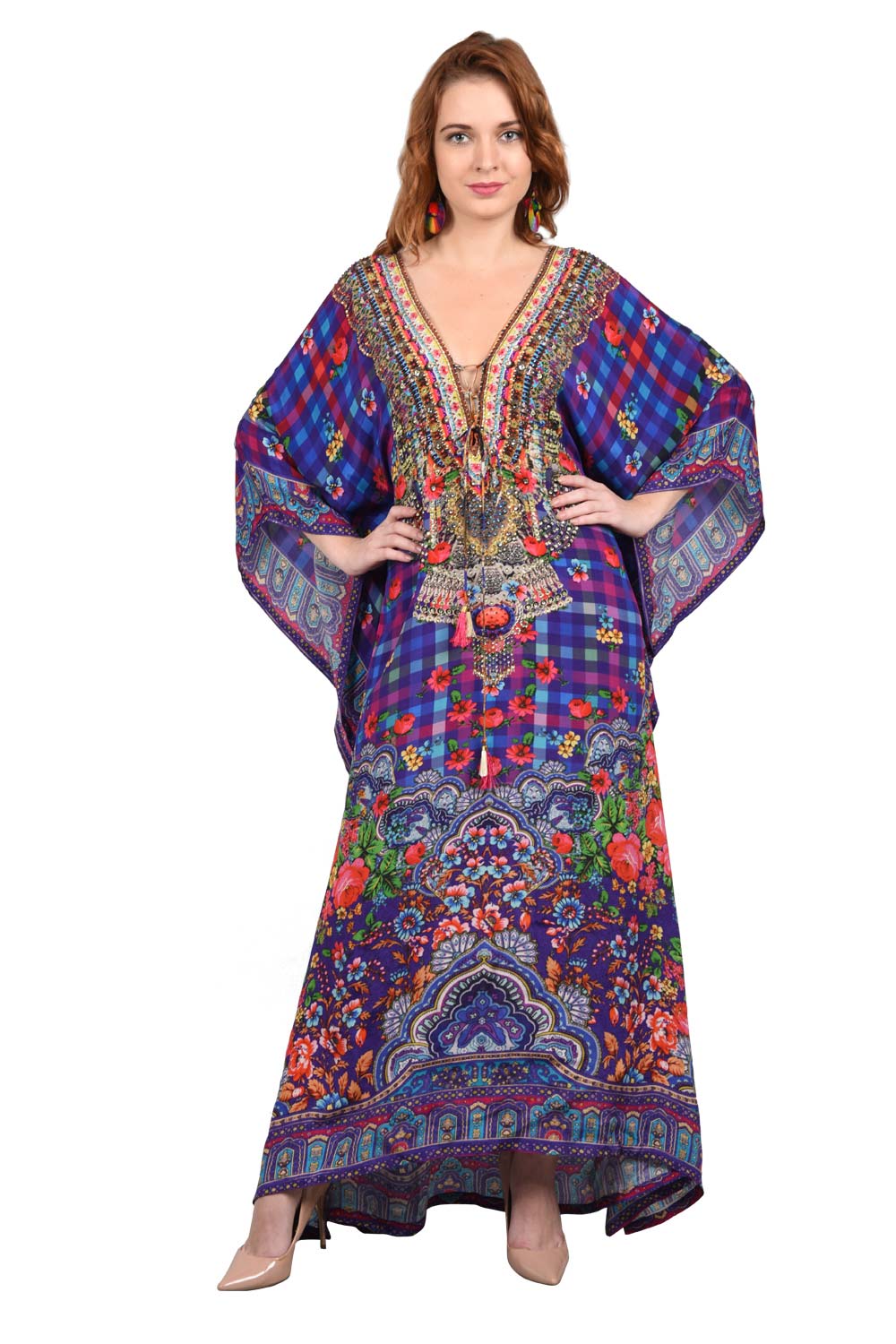 Embellished Russian Flower Long Kaftan - Designer Long kaftan dress