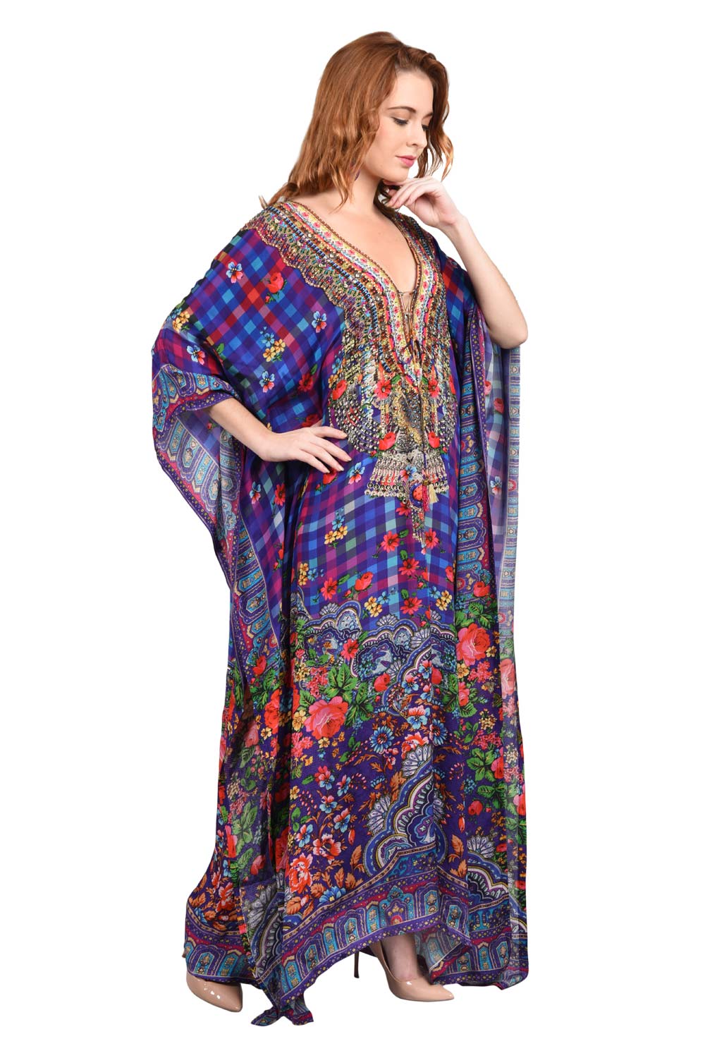 Embellished Russian Flower Long Kaftan - Designer Long kaftan dress