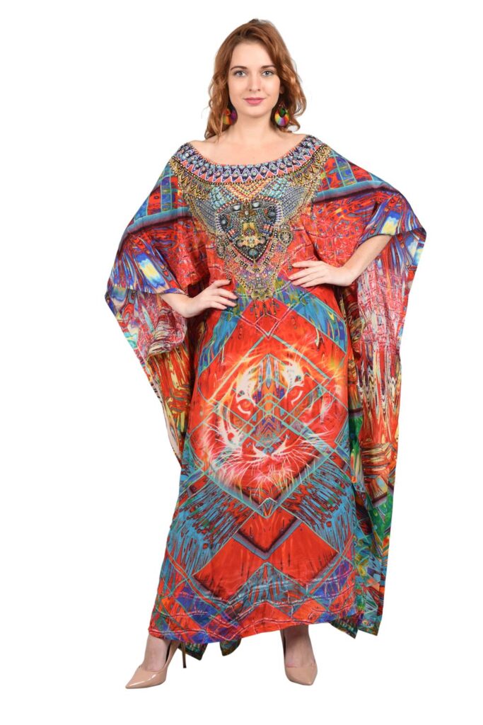 Red Roar Printed Embellished Long Kaftan - Long Midi Dress - Silk Kaftan