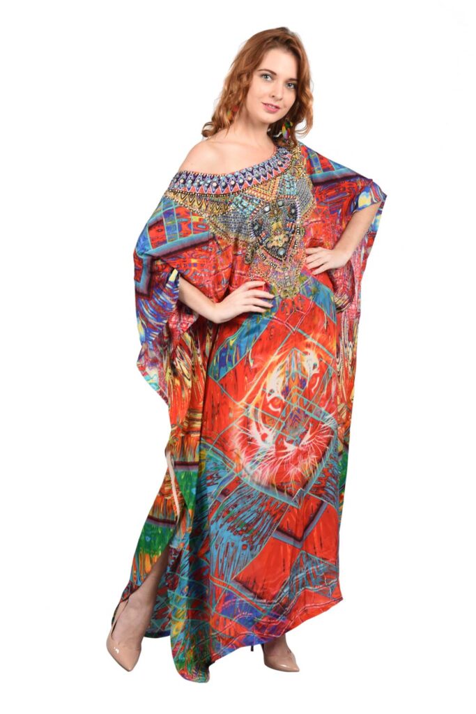 Red Roar Printed Embellished Long Kaftan - Long Midi Dress - Silk Kaftan