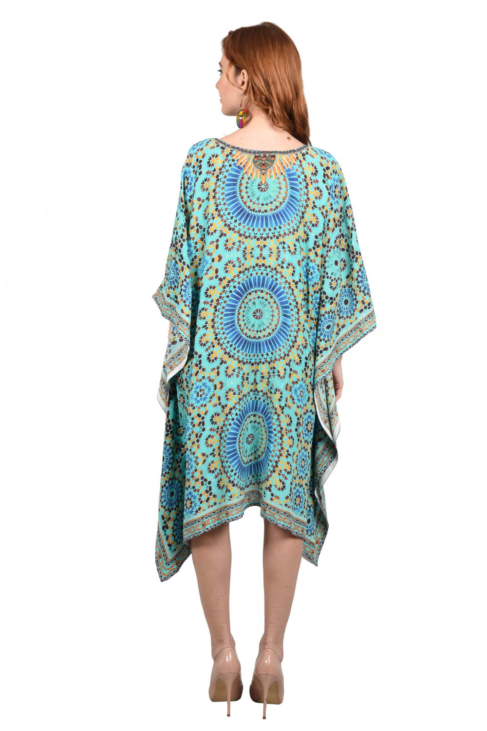Cyan Mandala Short Kaftan with Decorative Neck and borders - Kaftan Dress