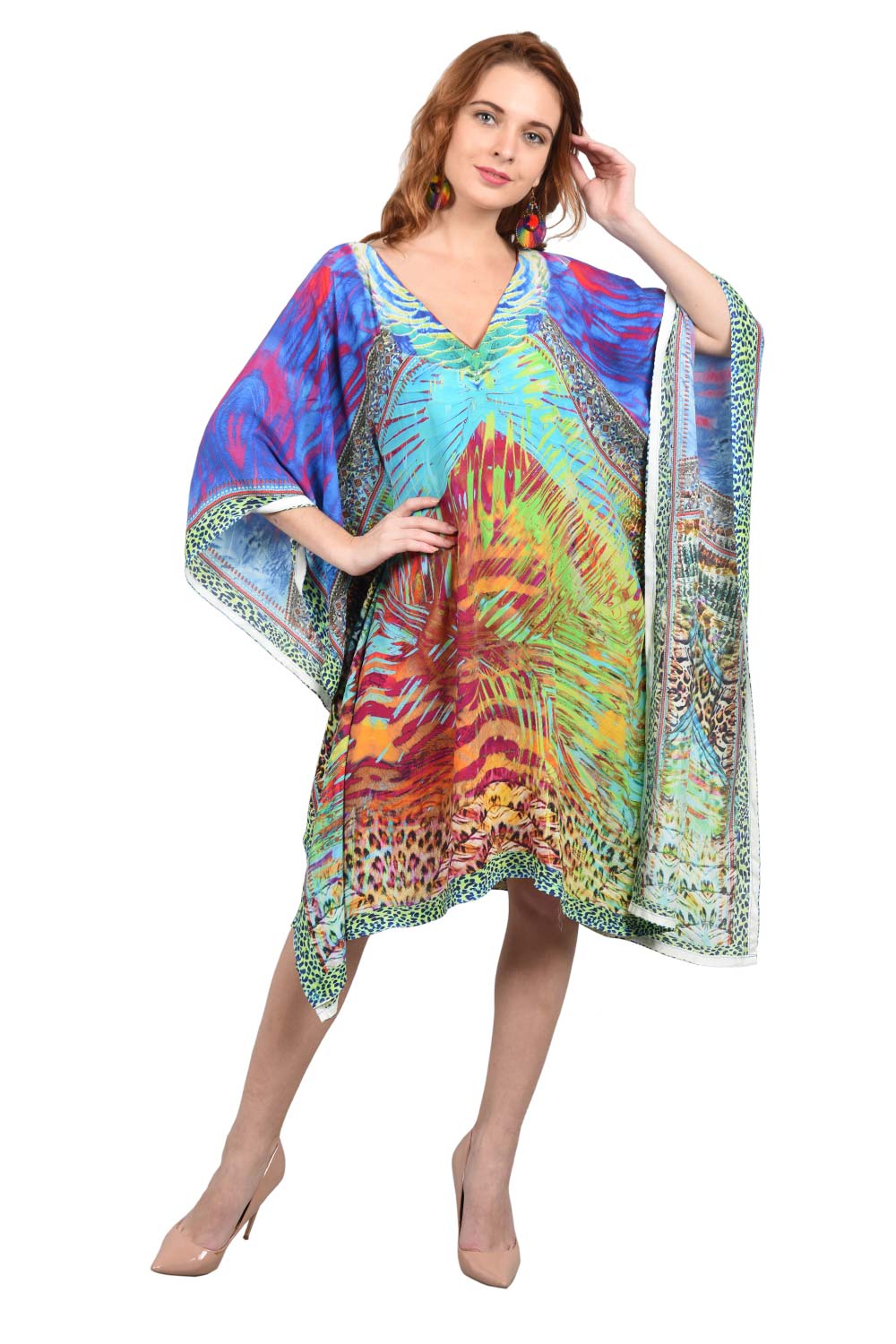 Crazy Ocean Short Kaftan - Colorful Short Dress - Silk Kaftan