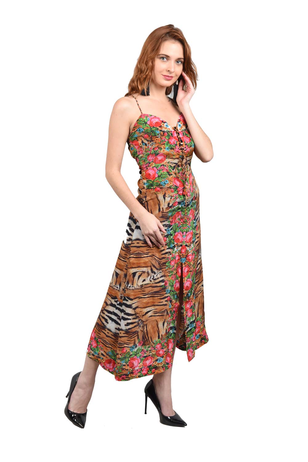Floral Animal printed Midi Dress for Women - women Dress with front Cut